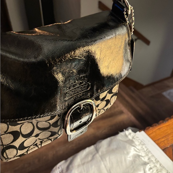 COACH Bleeker 12562 Shoulder Bag Black Patent Leather/Signature Canvas Medium - Picture 3 of 16